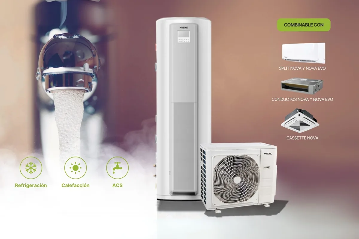 Dipòsit d'aigua calenta i unitat exterior Kosner, amb les funcions de refrigeració, calefacció i aigua calenta sanitària