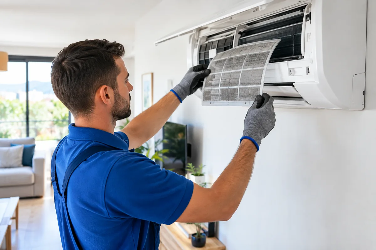 Tècnic de climatització netejant el filtre d'una unitat interior d'aire condicionat