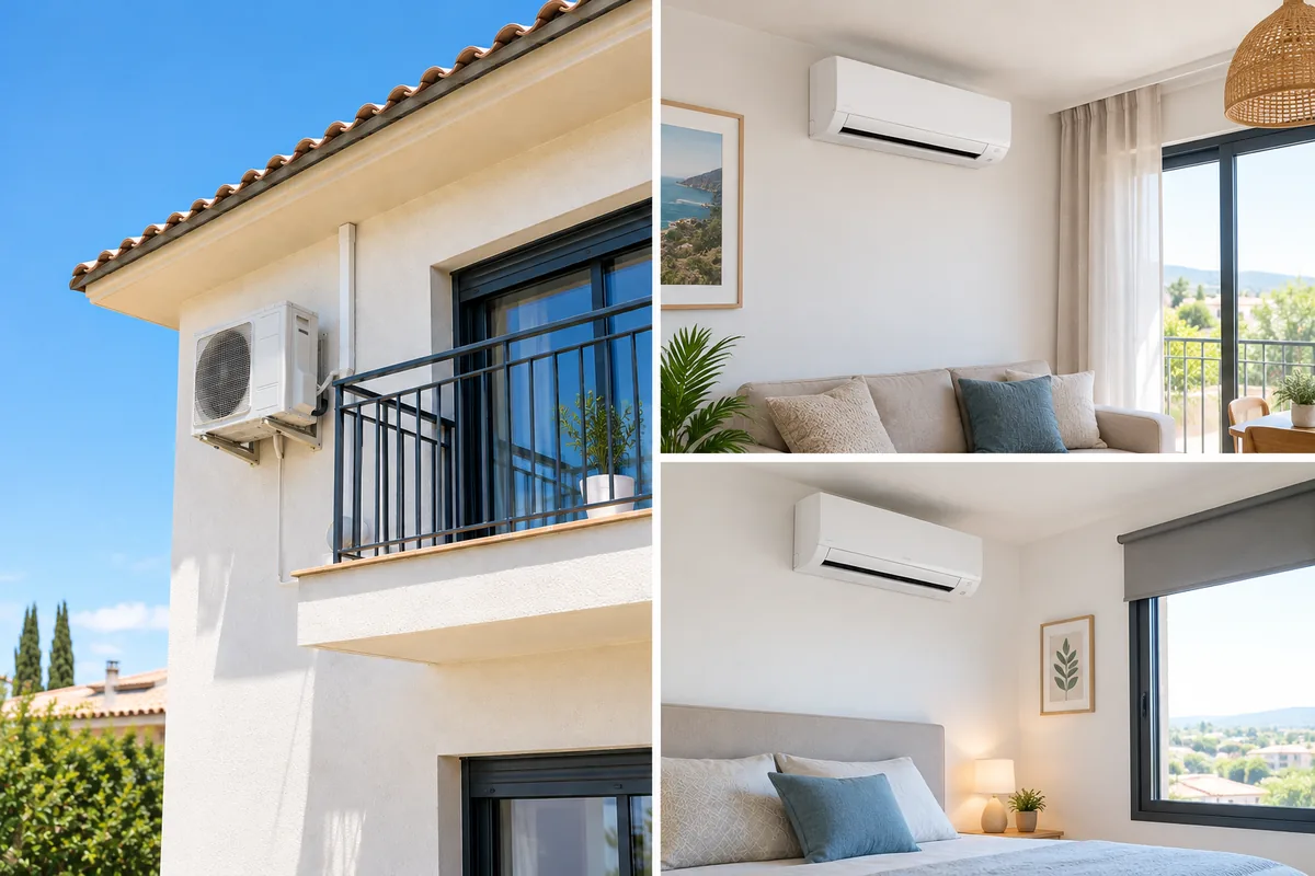 Façana amb una unitat exterior d'aire condicionat i dues estances amb unitat interior: un menjador i un dormitori