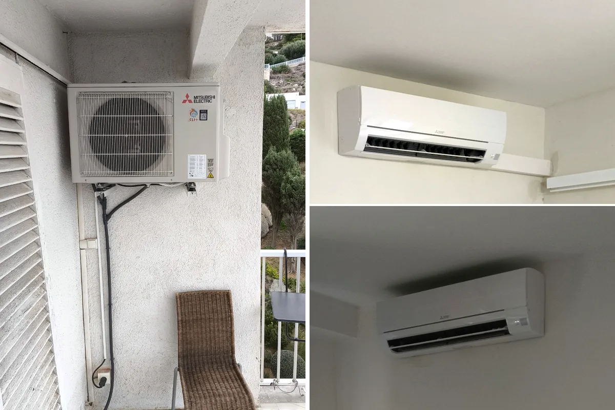 Unité extérieure et deux unités intérieures Mitsubishi Electric installées à Canyelles Petites, Roses