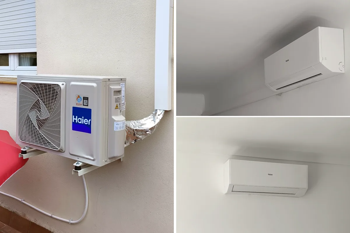 Unité extérieure et deux unités intérieures Haier installées à Castelló d'Empúries